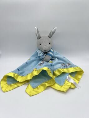 Goodnight Moon Bunny Rabbit Lovey Plush Security Blanket Gray Blue Yellow Satin